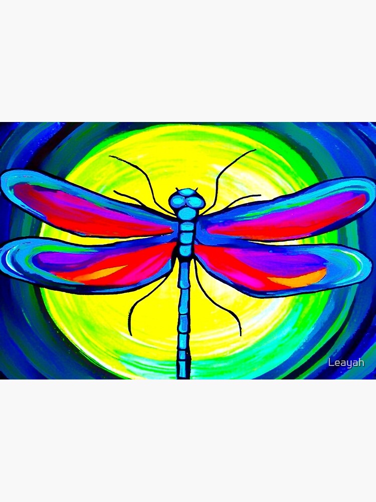 Flying green dragonfly painting. Colourful dragonfly art