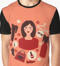 Shopping Autumn in Flat Design with Woman Graphic T-Shirt