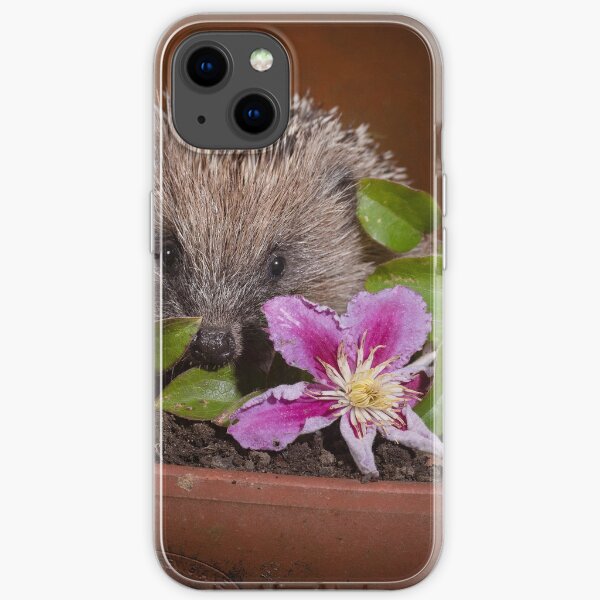 Young hedgehog with clematis flowers iPhone Soft Case