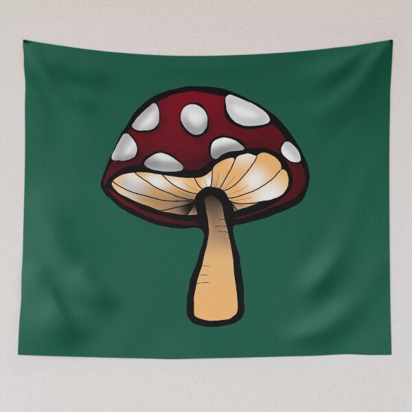 Item preview, Toadstool red and white mushroom print dark green background  designed and sold by DemonicGloom.