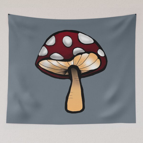 Item preview, Toadstool red and white mushroom print dark grey background  designed and sold by DemonicGloom.