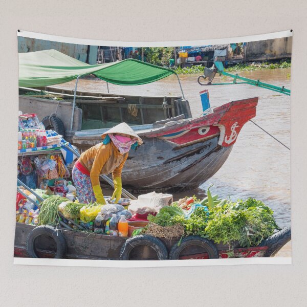 Item preview, Vietnamese lady on mekong river with boat  designed and sold by Martin Berry Photography.