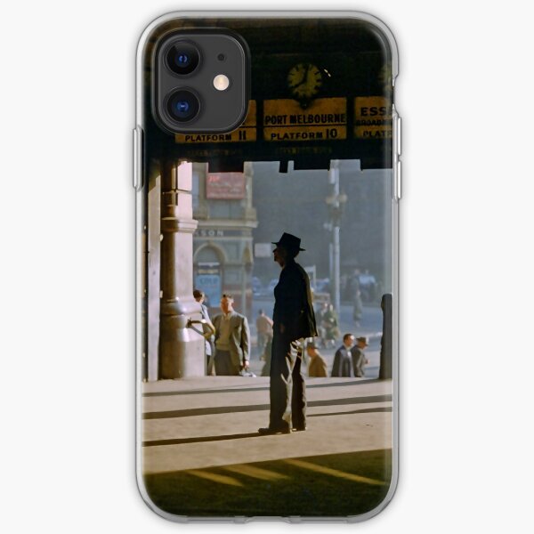 Clockwatcher on entrance Flinders St station 19580904 0001 iPhone Soft Case