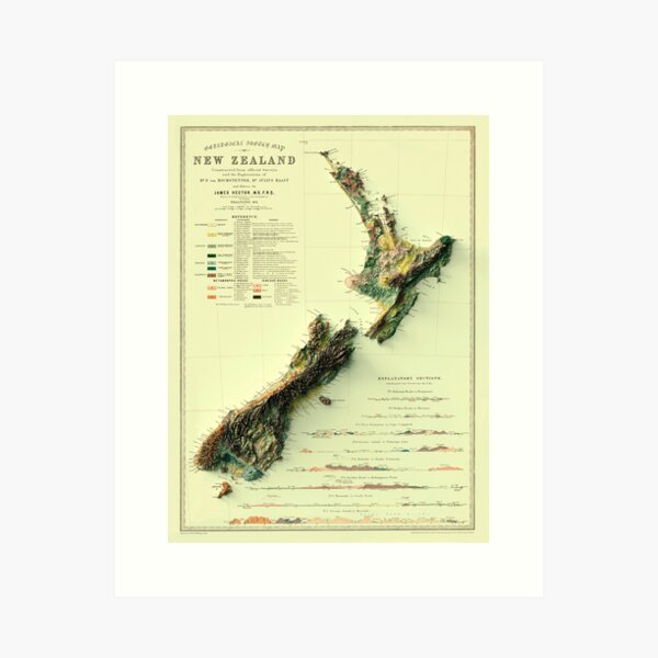 1873 Geological Map of New Zealand digitally-rendered Art Print