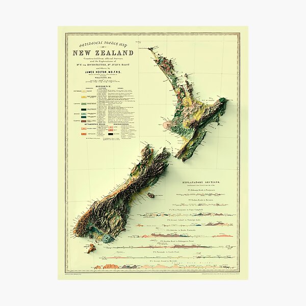 Item preview, 1873 Geological Map of New Zealand digitally-rendered designed and sold by ThinkAboutMaps.