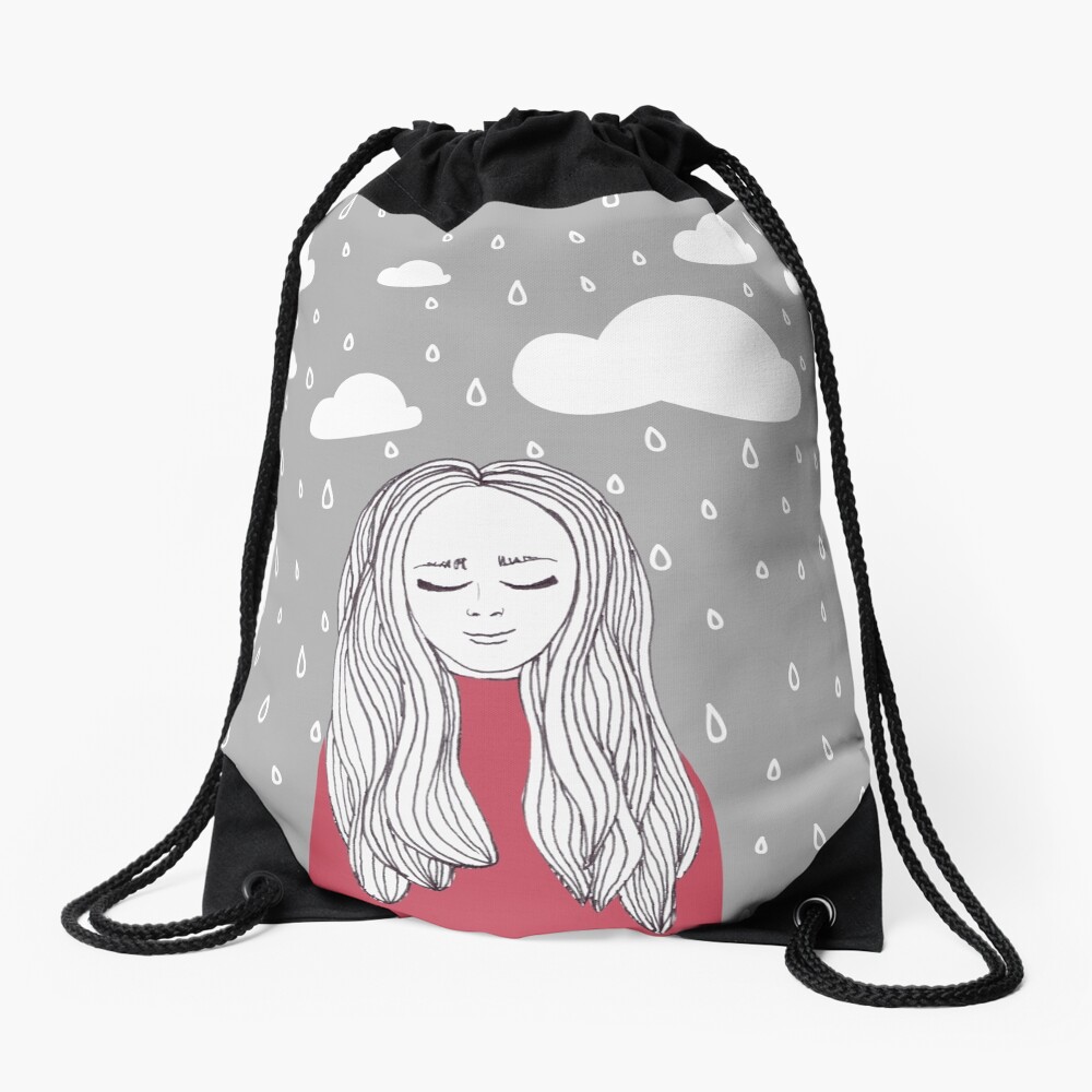 Happy girl in the rain Drawstring Bag