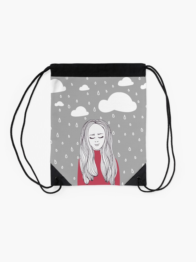 Alternate view of Happy girl in the rain Drawstring Bag