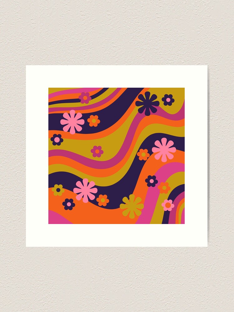 Retro Waves Psychedelic 60s 70s Flower Power Abstract Pattern Lime Blue  Magenta Orange Pink | Art Print