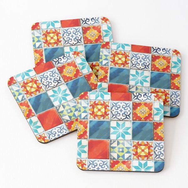 Blue Pattern Coasters Set Of 4 Ceramic Square Mediterranean Assorted Drinks Mat