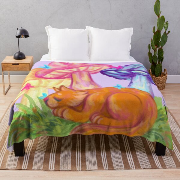 Item preview, trippy illustration of a neon ginger cat sleeping amongst big neon mushrooms designed and sold by captainringtail.