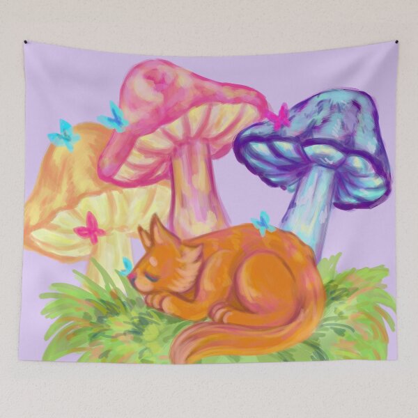 Item preview, trippy illustration of a neon ginger cat sleeping amongst big neon mushrooms designed and sold by captainringtail.