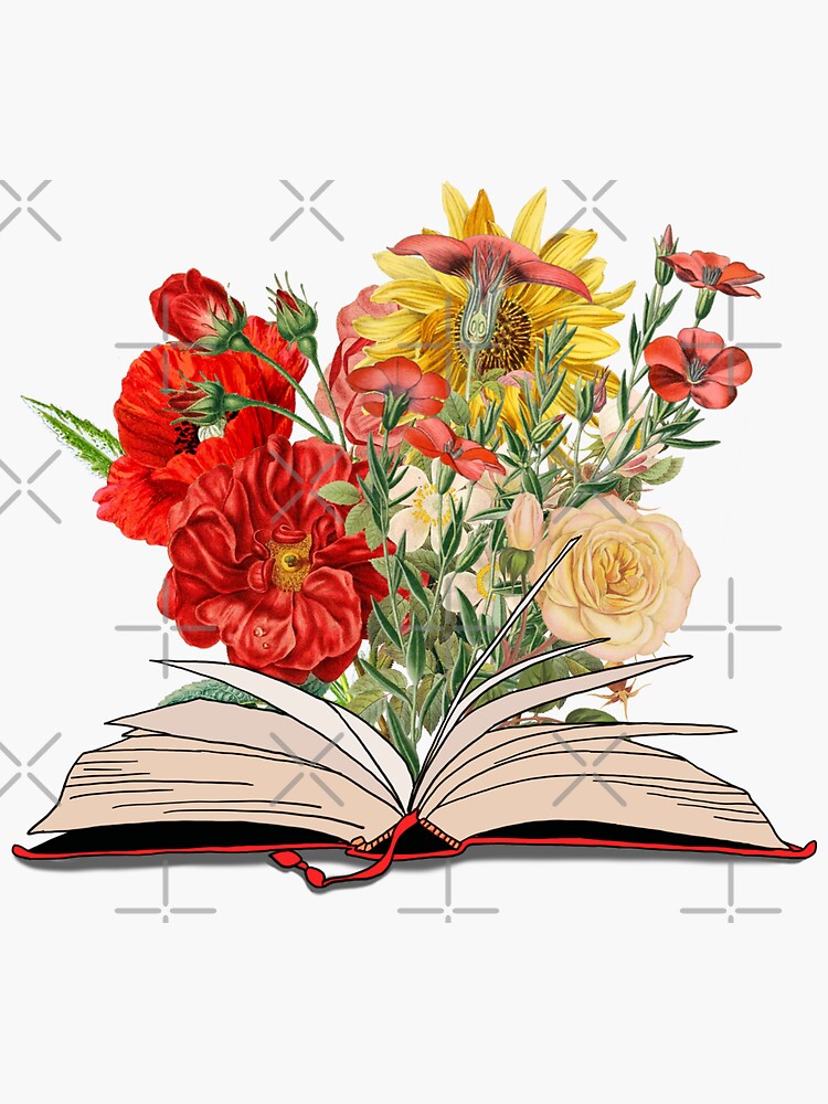 flowers growing from book Sticker for Sale by superflowerstyl