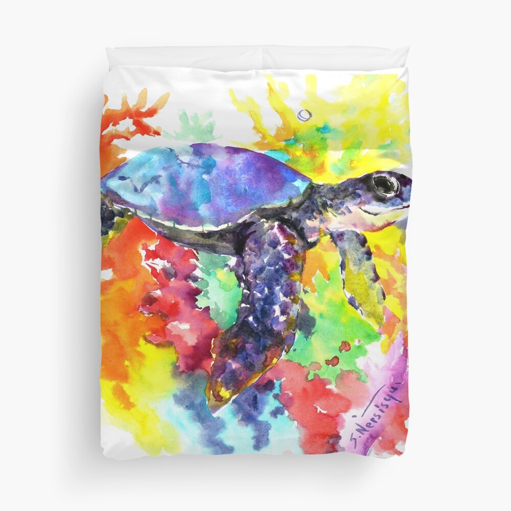 Sea Turtle in Coral Reef Duvet Cover