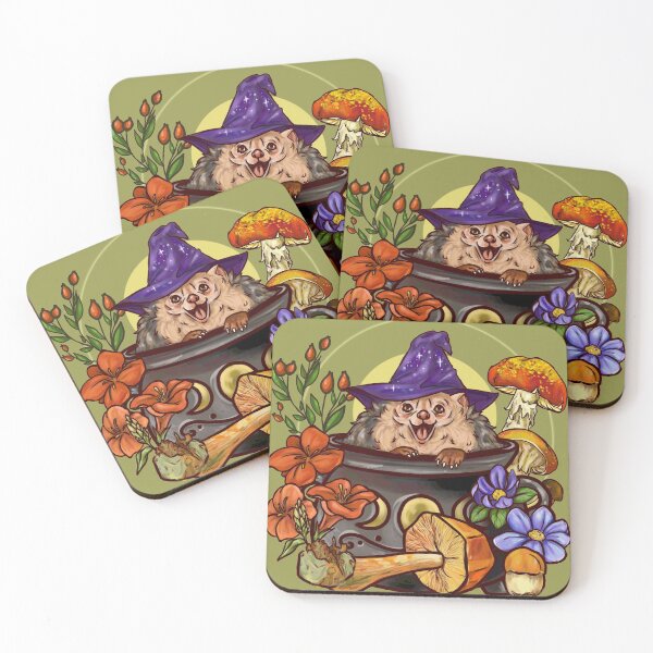 Item preview, a witchy hedgehog familiar sitting in a cauldron surrounded by mushrooms and plants designed and sold by captainringtail.
