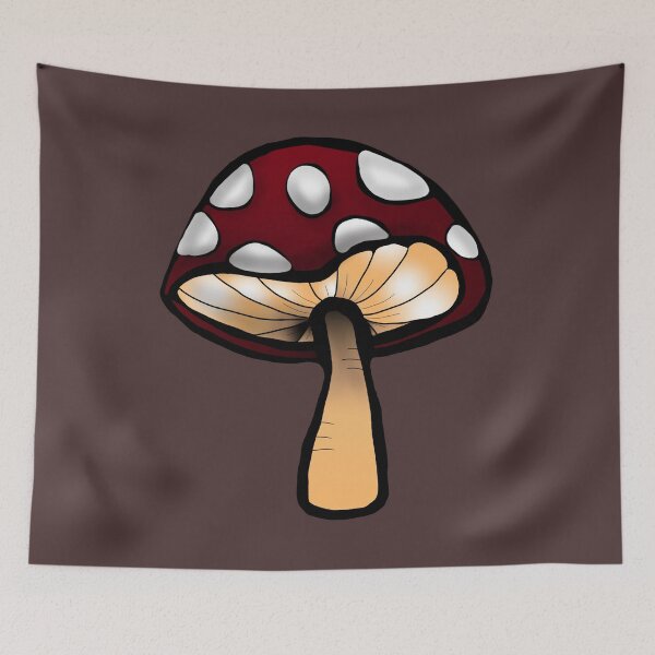 Item preview, Toadstool red and white mushroom print brown background  designed and sold by DemonicGloom.