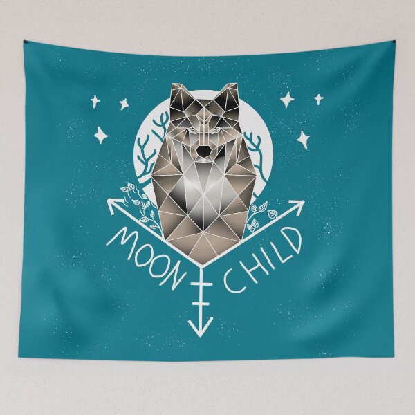 Item preview, Moon Child Geometric Wolf and Moon blue background  designed and sold by DemonicGloom.