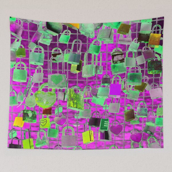 Item preview, Colorful love padlocks as a couples commitment sign hanging  on the fence of the love bridge with a magenta background behind designed and sold by IraNiva.