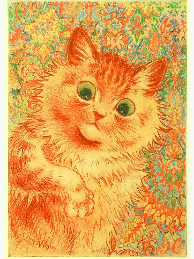 Louis Wain cat art print, I am Happy Because Everyone Loves Me, Kitsch cat  painting, Vintage animal wall art, White kitten, Cute animals