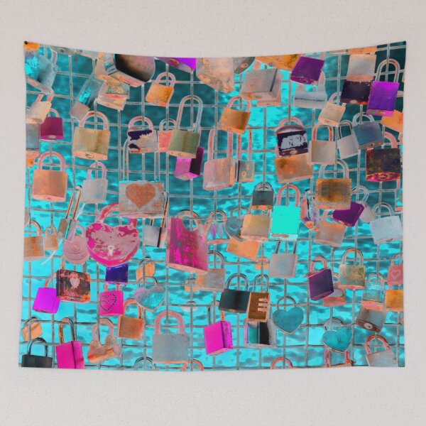 Item preview, Colorful love padlocks as a couples commitment sign hanging  on the fence of the love bridge with a cyan background behind designed and sold by IraNiva.
