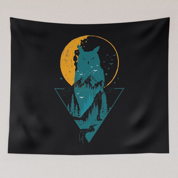 Item preview, Classy and Minimalist Double Exposure WOLF and OWL Teal and Orange Moon Night Pine Trees Forest Illustration designed and sold by zenturtlemerch.