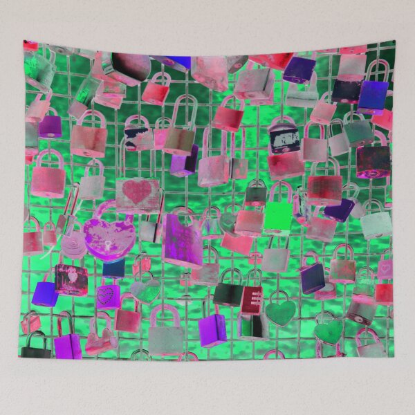 Item preview, Colorful love padlocks as a couples commitment sign hanging  on the fence of the love bridge with a light green background behind designed and sold by IraNiva.
