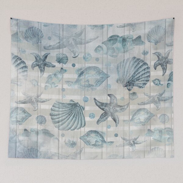 Item preview, Nautical Watercolor Seashells And Fish Striped Weathered Wood designed and sold by ChicoryJunction.