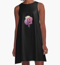 Flowers Pink Roses Shape Black Background Abstract A-Line Dress