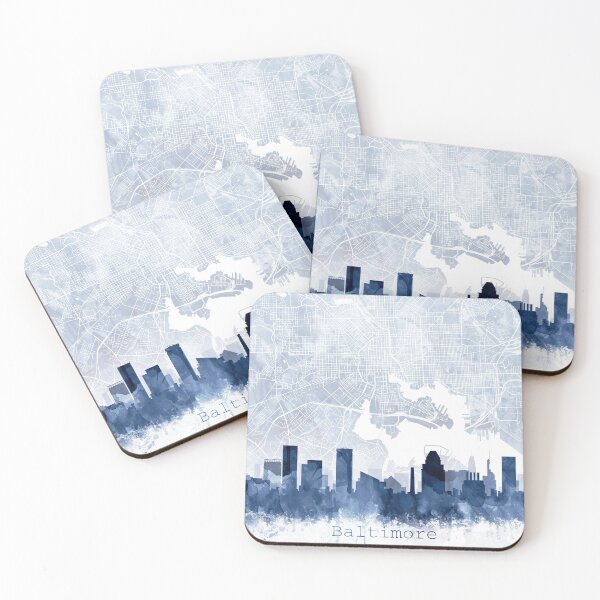 Item preview, Baltimore Skyline & Map Watercolor Navy Blue, Print by Zouzounio Art designed and sold by zouzounioart.