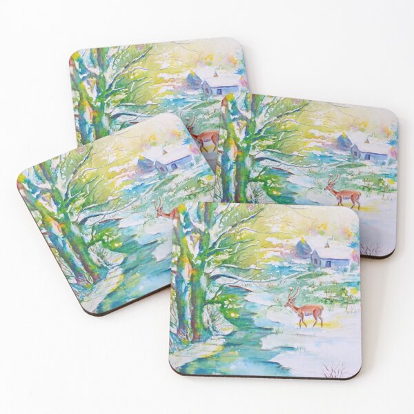Item preview, Watercolor Snow Scene Painting, snow, stream, cottage and deer designed and sold by cornercroft.
