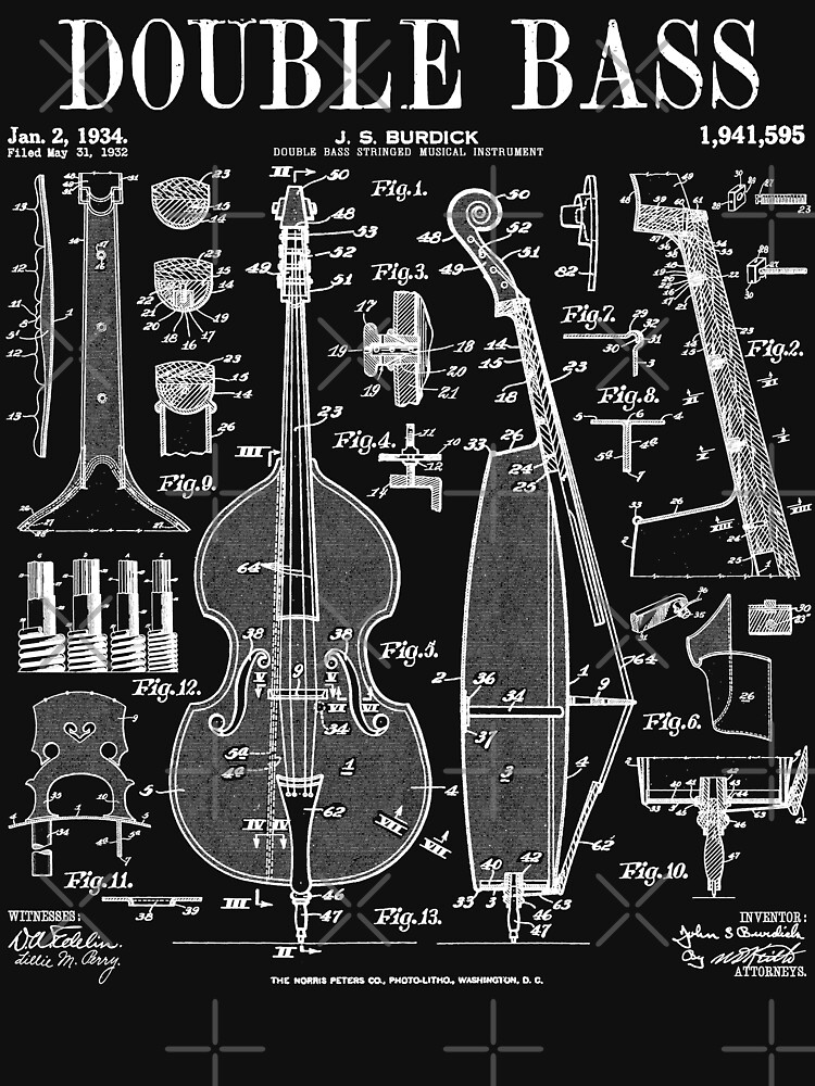 "Double Bass Player Bassist Musical Instrument Vintage Patent" Tshirt