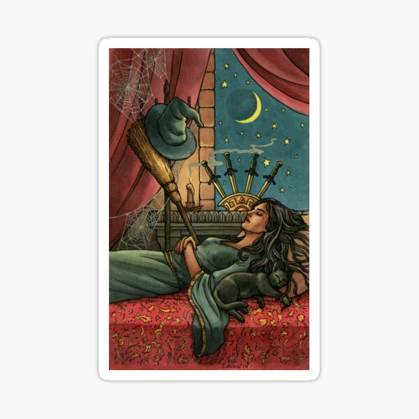Vista previa del artículo con la obra «Tarot de la bruja cotidiana: Cuatro de espadas», diseñado y vendido por Elisabeth Alba Illustration.