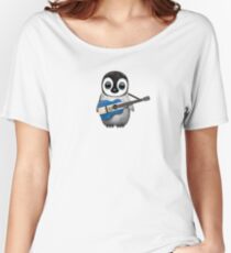 Baby Penguin Playing El Salvador Flag Guitar Women's Relaxed Fit T-Shirt
