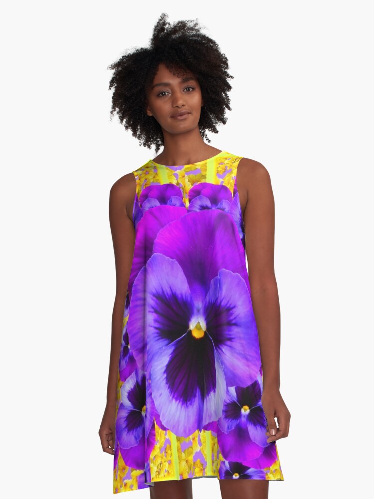 SPRING PURPLE PANSY GARDEN PATTERN YELLOW FLORAL ART\" A-Line Dress for Sale  by sharlesart | Redbubble
