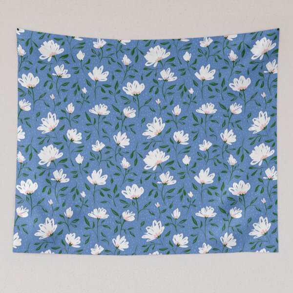 Aperçu de l'œuvre Marguerites de printemps frais, blanc sur fond bleu Design créée et vendue par Jaydee001.