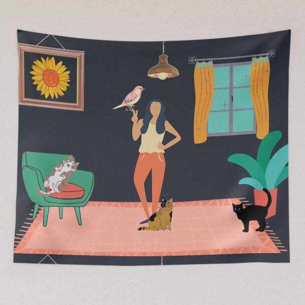 Item preview, Lady With Pink Bird and Three Cats designed and sold by GasconyPassion.