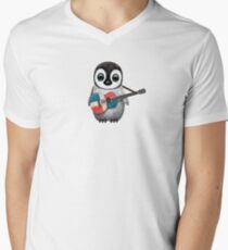 Baby Penguin Playing Dominican Republic Flag Guitar Men's V-Neck T-Shirt