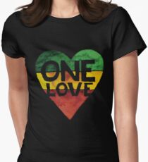 Eine Liebe Musik Rasta Reggae Herz Frieden Wurzeln Tailliertes T-Shirt für Frauen