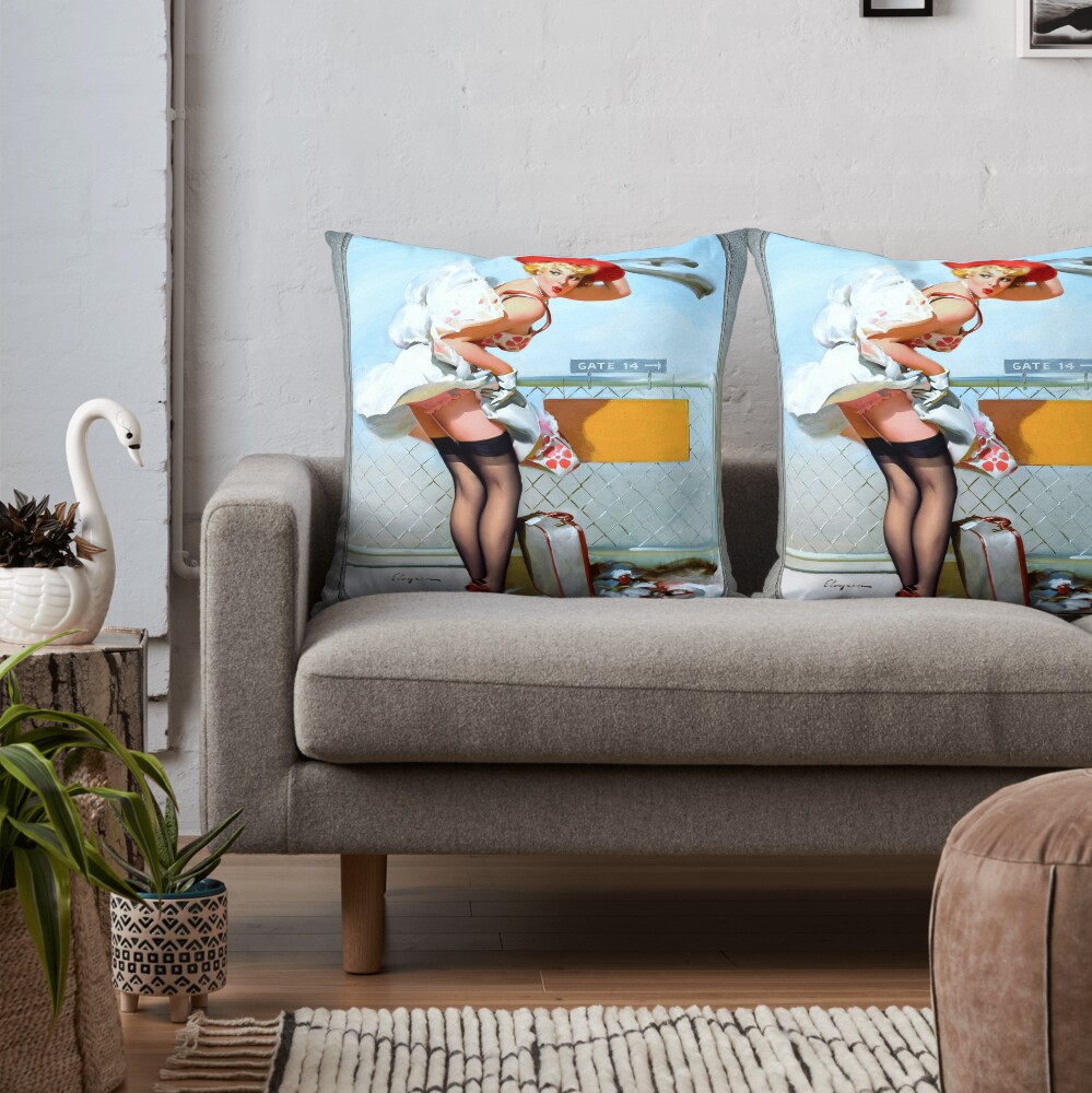 Mishap At Gate 14 by Gil Elvgren - Beauty At The Airport 2 Mishap At Gate 14 by Gil Elvgren Remastered Vintage Illustration Xzendor7 Art Reproductions Throw Pillow