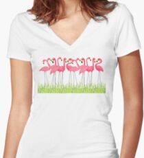 Pink Flamingos Illustration Women's Fitted V-Neck T-Shirt