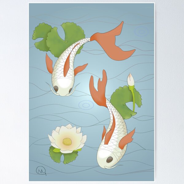 Koi fish drawing illustration painting oriental pond japan Japanese wall  art home decor colorful water lily