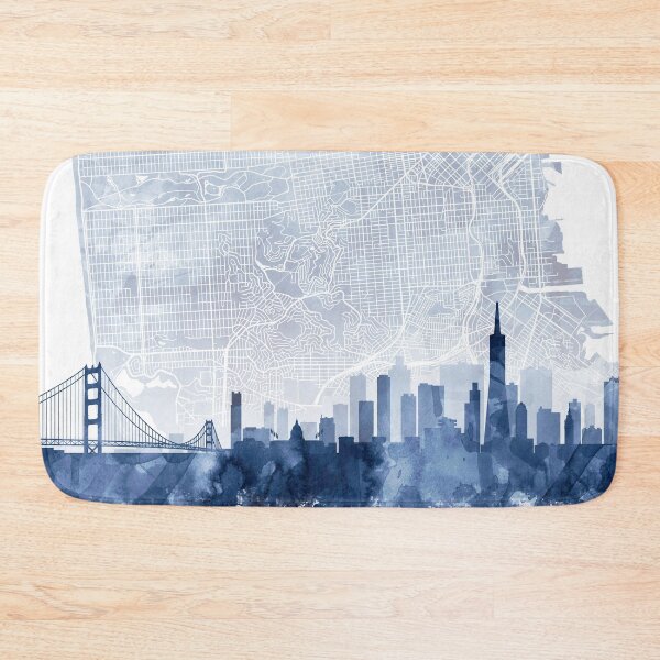 Artikelvorschau, San Francisco Skyline & Map Aquarell Marineblau, Druck von Zouzounio Art entworfen und verkauft von zouzounioart.