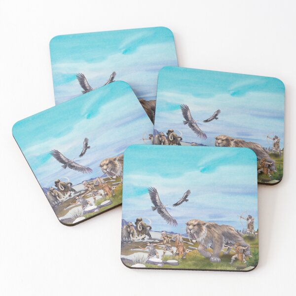 Item preview, Watercolor scene of cavemen fighting with a saber-toothed cat designed and sold by Ekaterina Glazkova.