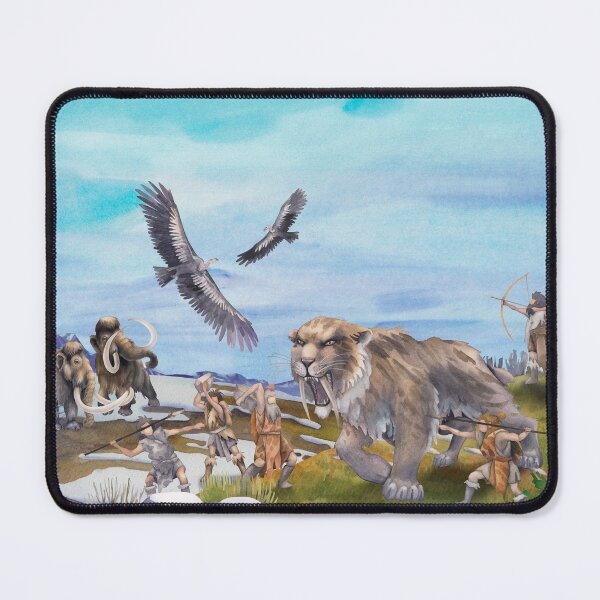 Item preview, Watercolor scene of cavemen fighting with a saber-toothed cat designed and sold by Ekaterina Glazkova.