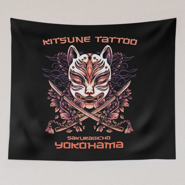 Item preview, Kitsune, Traditional Fox  with Swords Tattoo Design, Yokohama Japan Tattoo Studio designed and sold by Proverbial Wisdom Design.