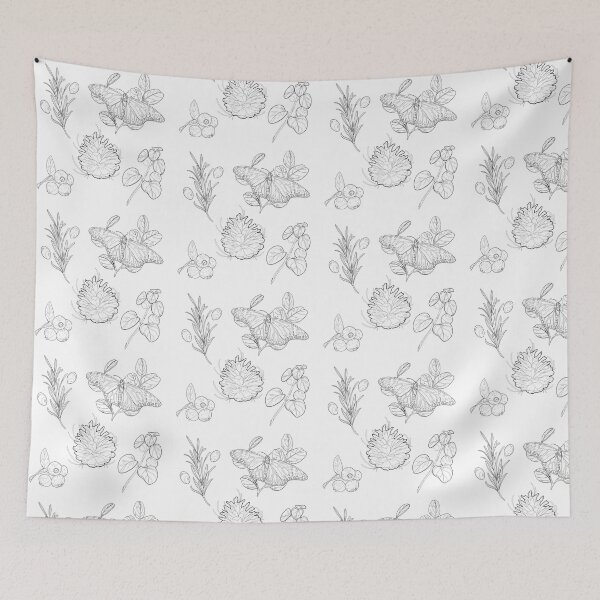 Item preview, Black and white autumn nature pattern of monarch butterflies, herbs, and berries designed and sold by Bekka Luna.