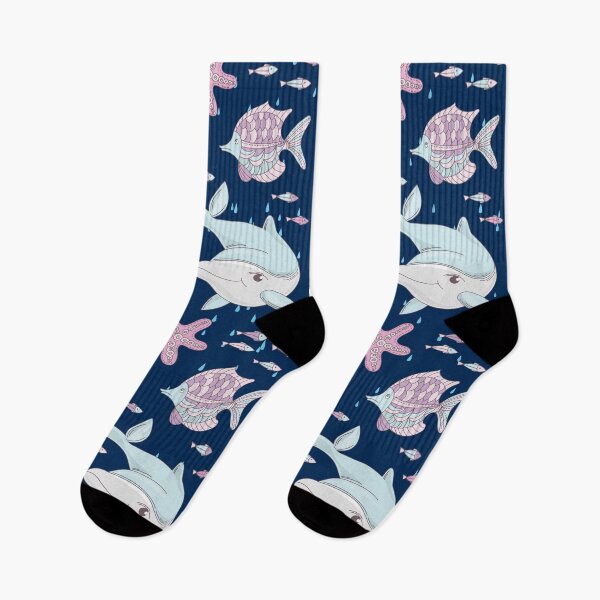 Item preview, World Beach Day Cute Blue Sea Mermaid Girl Fishes Turtles Jellyfish Socks Swimmers Aquarium Gift Idea Sea Animals Socks  designed and sold by Dr.YesOrNo.