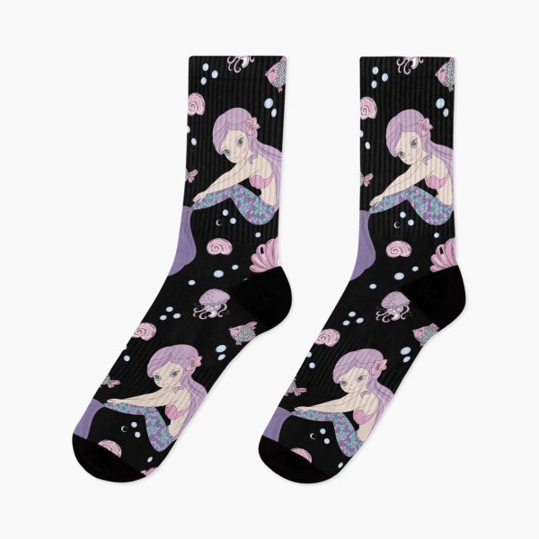 Item preview, World Beach Day Cute Blue Sea Mermaid Girl Fishes Turtles Jellyfish Socks Swimmers Aquarium Gift Idea Sea Animals Socks  designed and sold by Dr.YesOrNo.