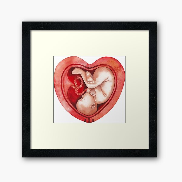 Watercolor fetus inside the heart shaped womb Framed Art Print