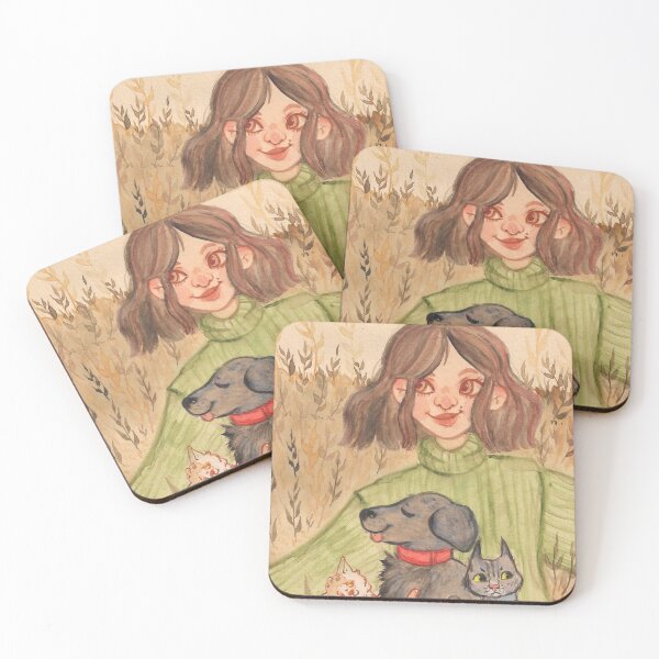 Item preview, cozy portrait of a girl and her 3 rescue pets designed and sold by CaptainRingtail.