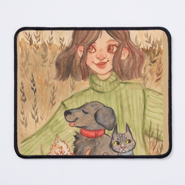 Item preview, cozy portrait of a girl and her 3 rescue pets designed and sold by captainringtail.